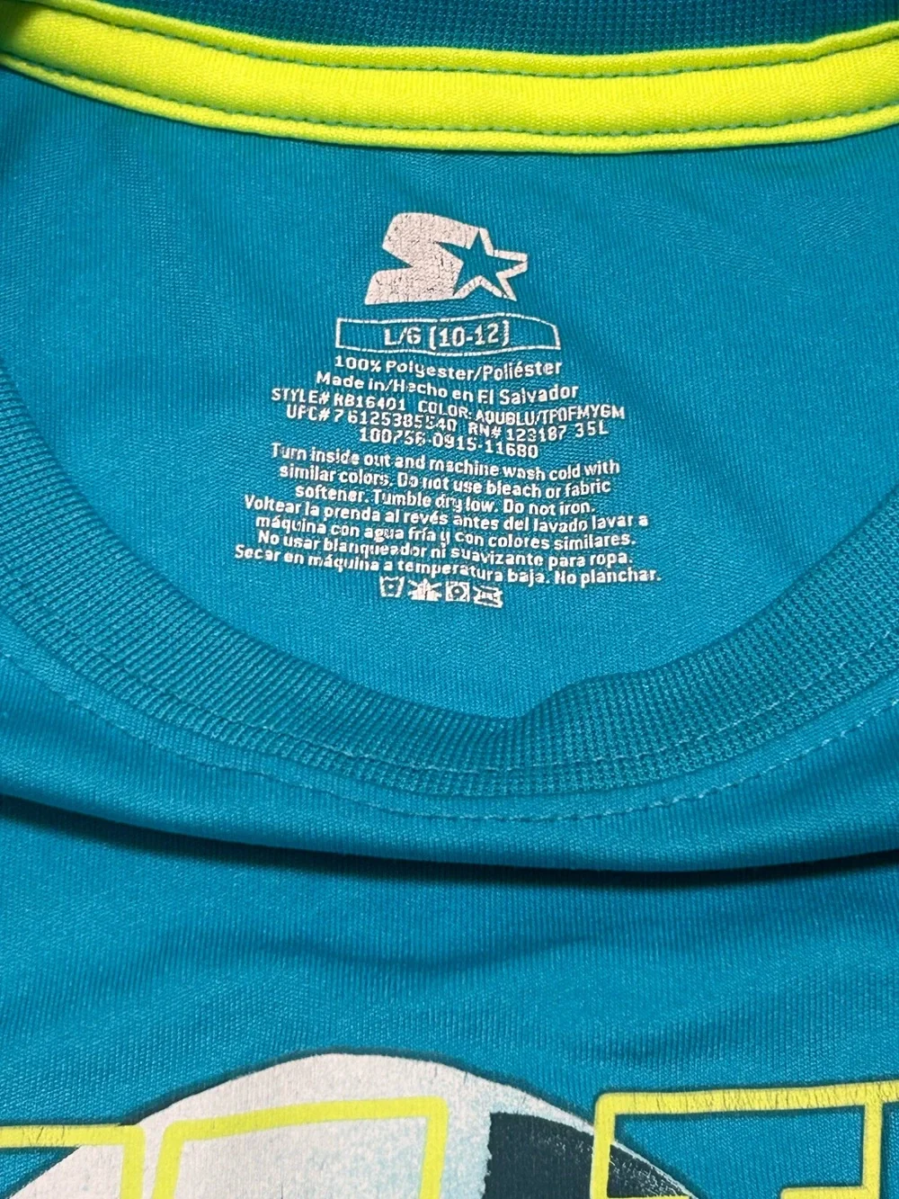 STARTER Teal Graphic Tee with Neon Yellow Trim size L(10/12)